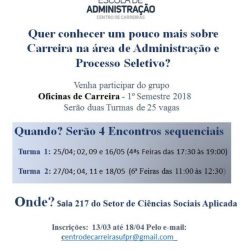 DAGA Estão abertas as inscrições para as Oficinas do Centro de Carreiras DAGA / UFPR 1º Semestre 2018.